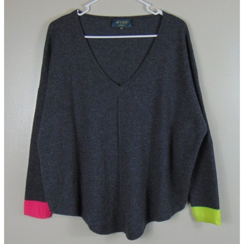 WYSE London Womens S/M 100% cashmere V-Neck Sweater Gray Multicolor Cuffs